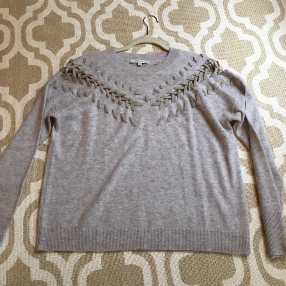 White + Warren cashmere grey sweater with oatmeal stitching